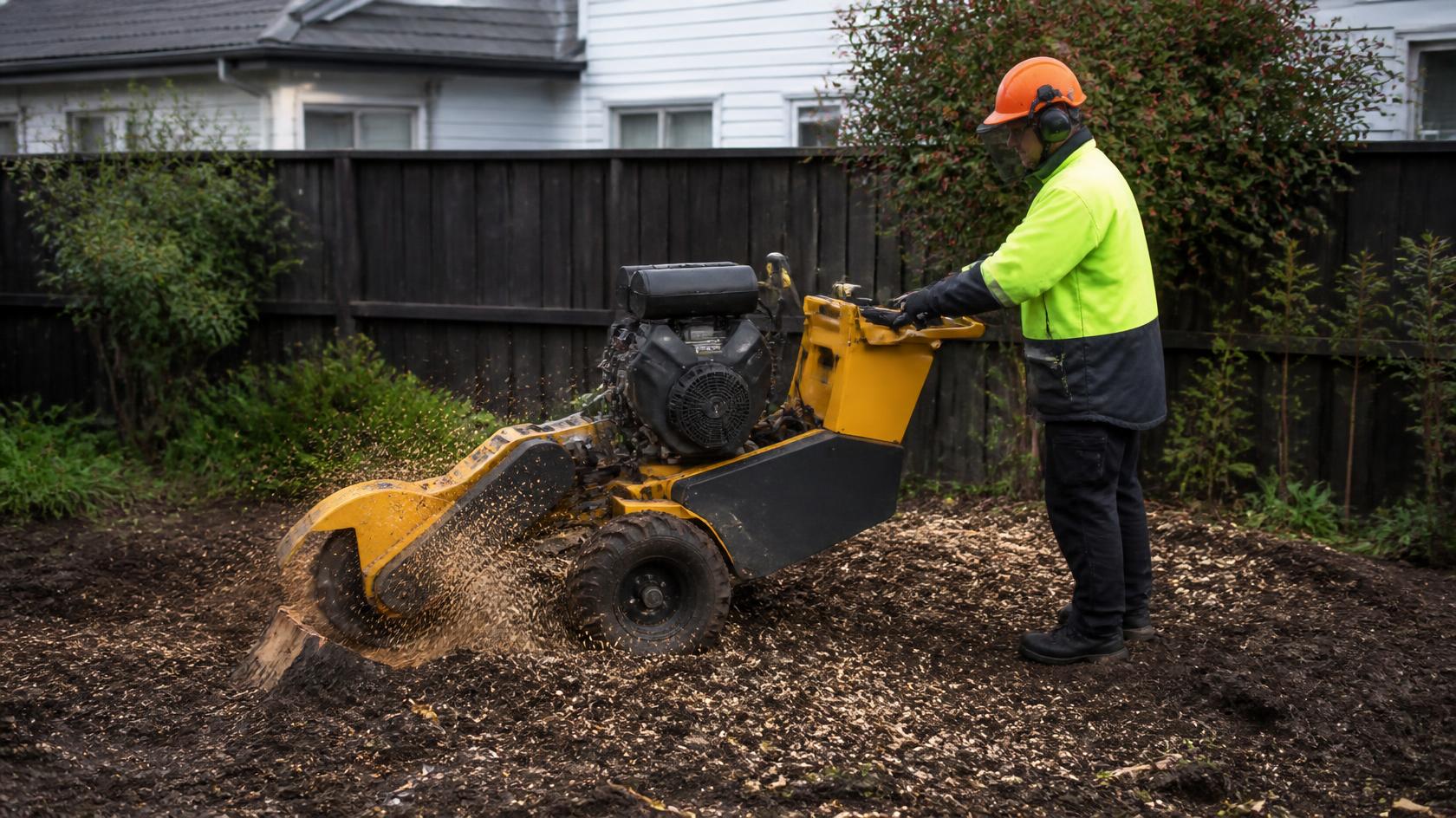 Stump grinder removing a stump in an Auckland back garden